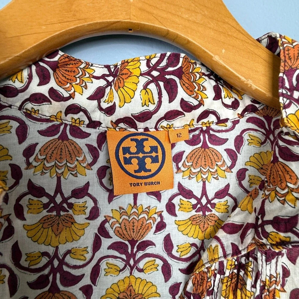 Tory Burch Tunic Dress Women 12 Orange Floral Cotton V-Neck Long Sleeve Boho